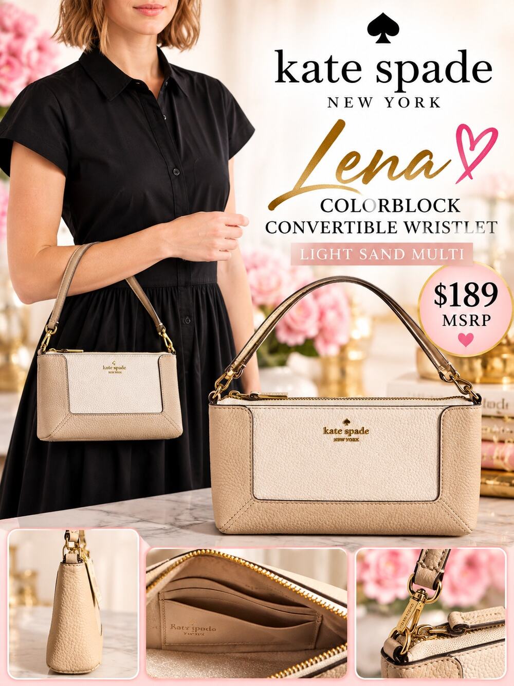 Kate Spade $189 Lena Colorblock Convertible Wristlet in Light Sand Multi NWT